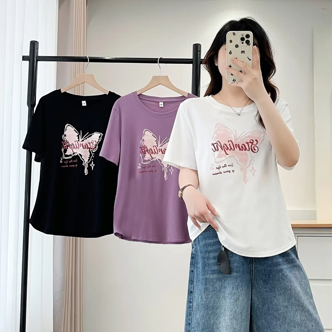 YueBeiLa/月贝拉大码女装夏季圆领印花短袖透气T恤宽松时尚半袖