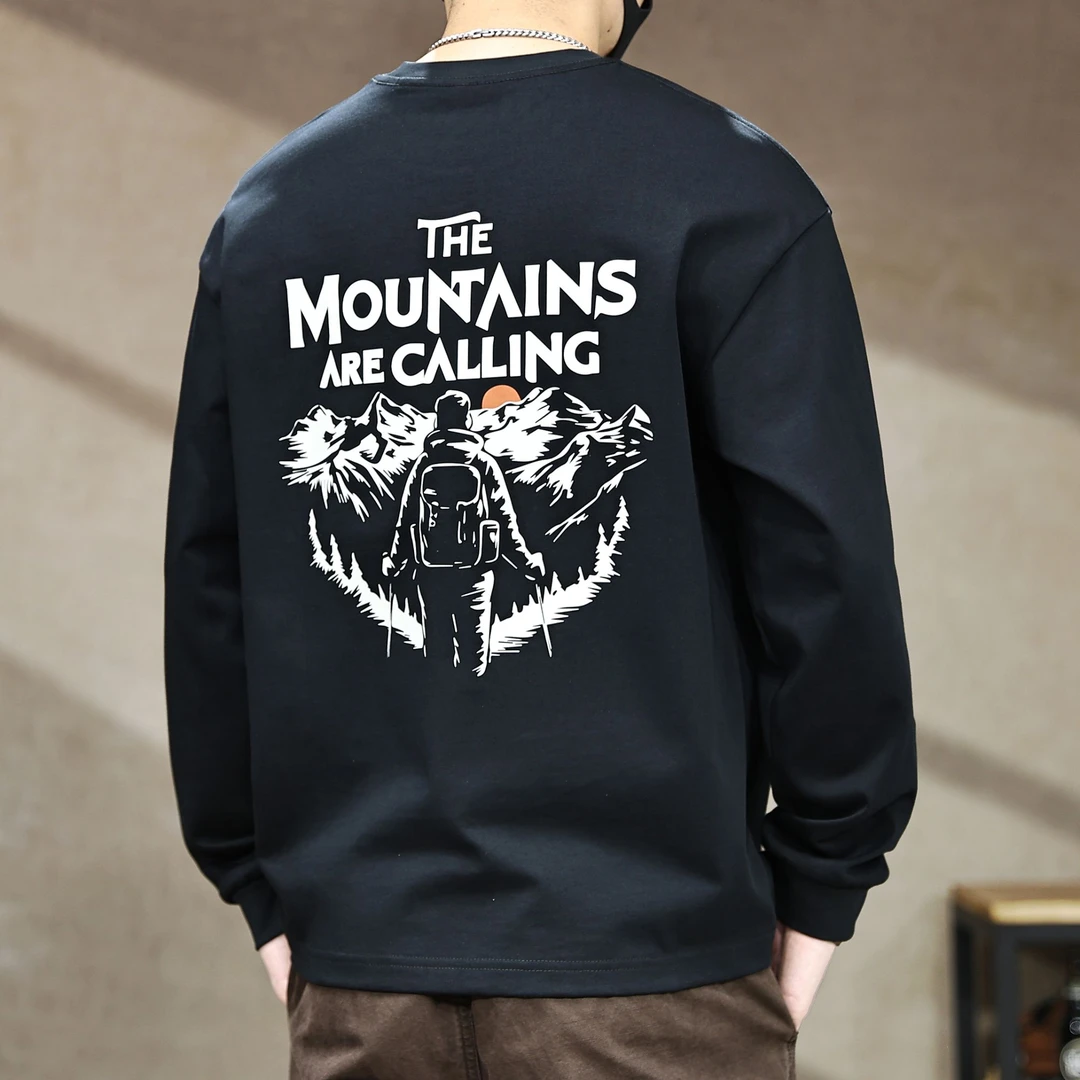 户外山系印花设计圆领重磅305g长袖T恤男秋季新款宽松纯棉体恤衫T