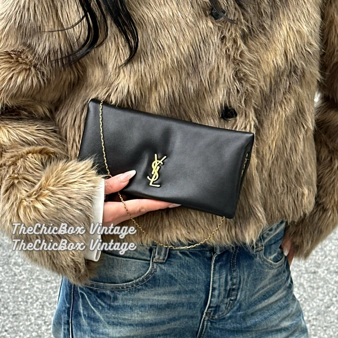 95新 YSL/圣罗兰 只盒/24fw黑金柔软翻盖信封链条包