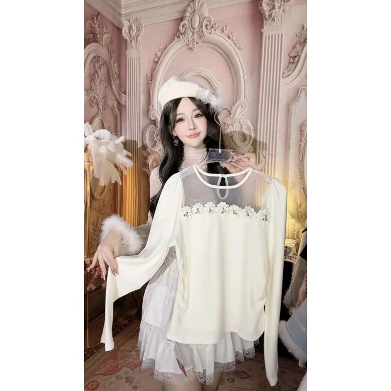 【崔】Z0004女装网纱拼接立体花朵长袖打底衫修身显瘦上衣