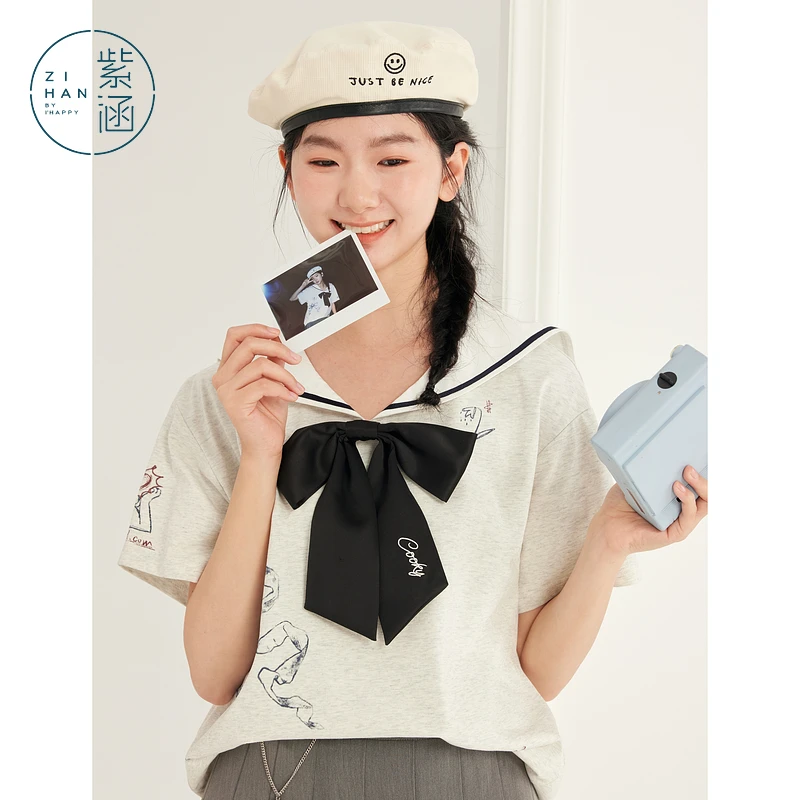 紫涵海军领印花T恤女2025夏季新款可爱蝴蝶结上衣Z5Z03BS131