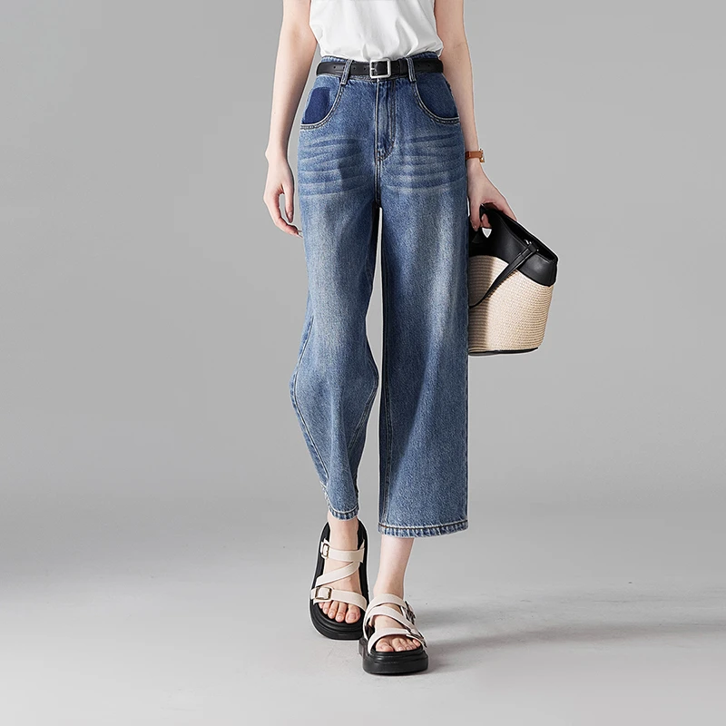 索菲丝尔休闲牛仔裤女2025夏季含棉邹感薄款时尚九分直简裤522058