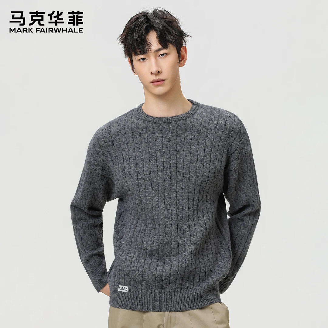马克华菲绞花纹毛衣男圆领休闲套头衫2025新款纹理厚保暖针织衫H