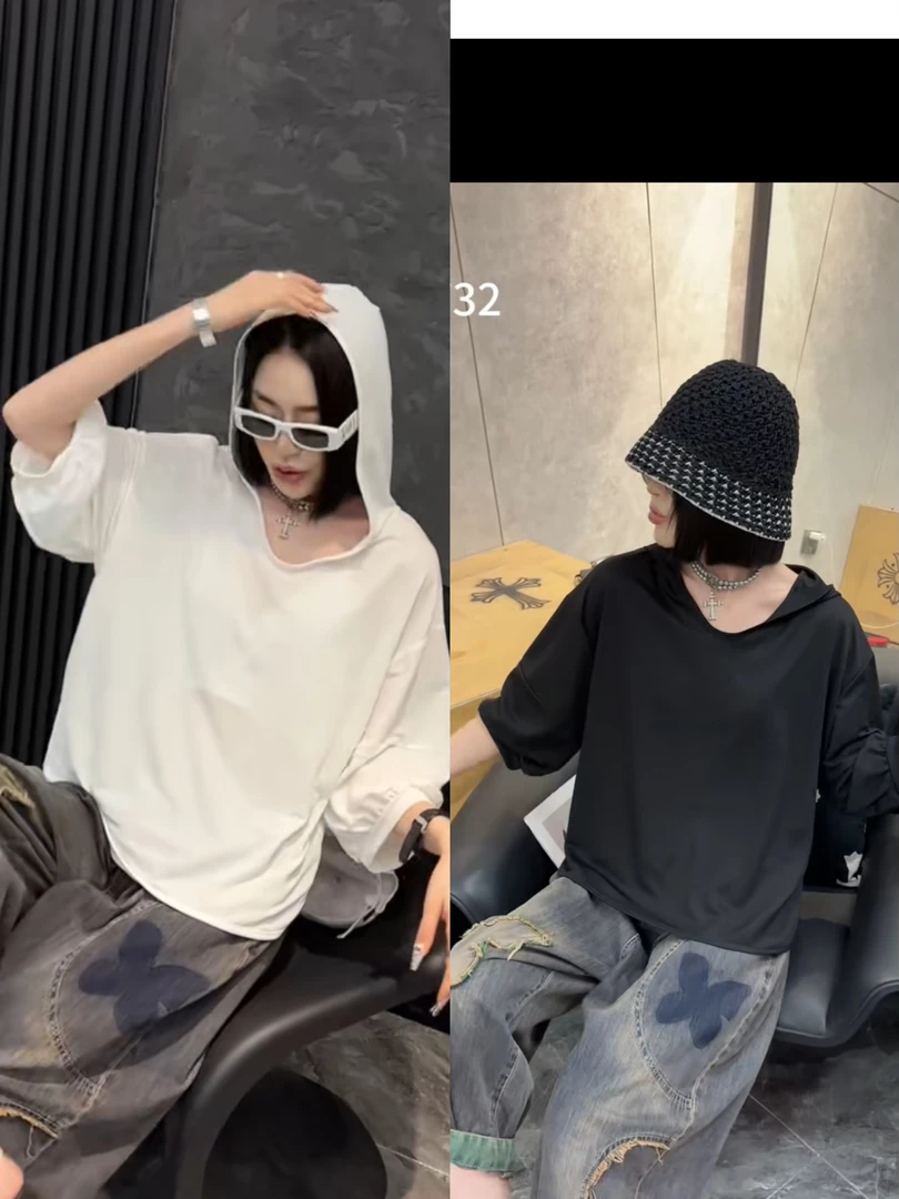 简约百搭连帽染色拼接T恤纯色时尚均码白色套头8732