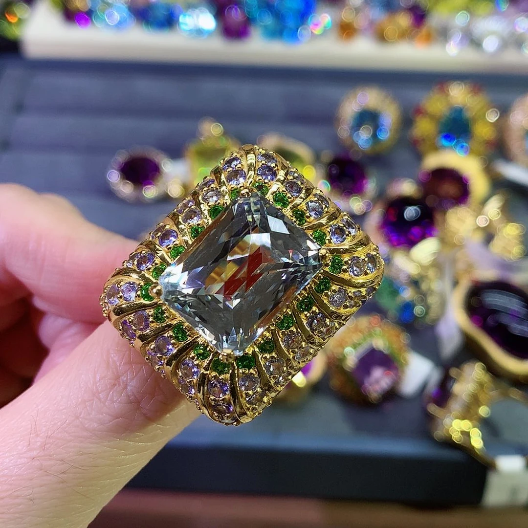 托帕石戒指银S925镀金镶嵌梅*生