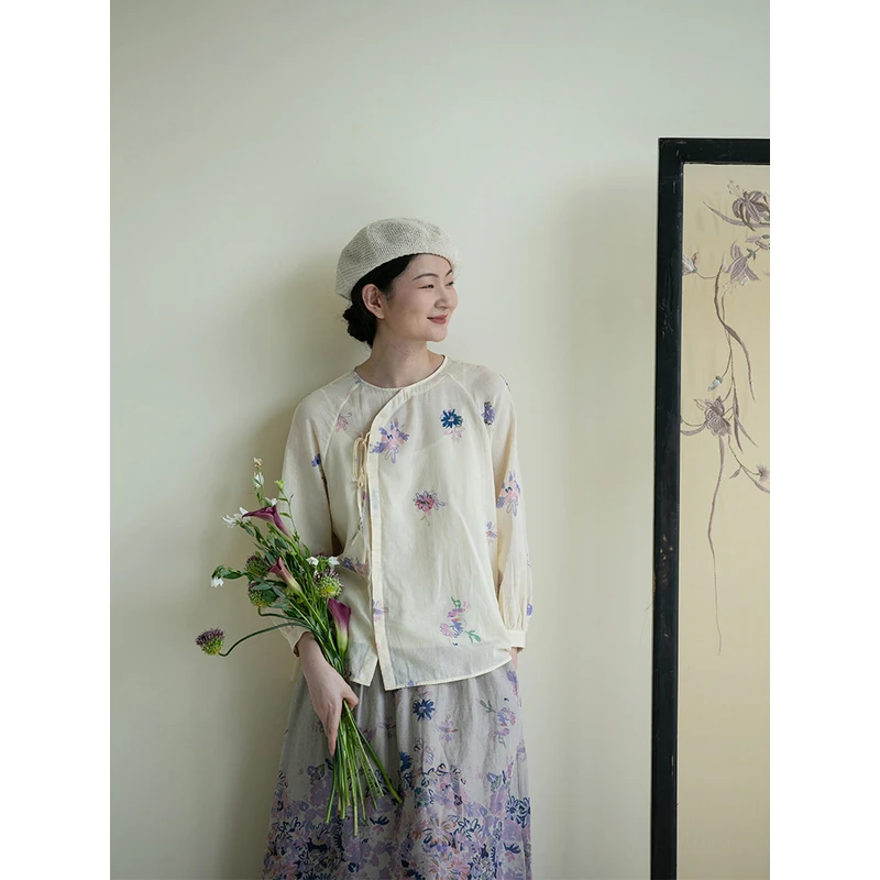 牧衣游原创 印花纯棉衬衫女新款设计感文艺百搭中式套头小衫 清浅