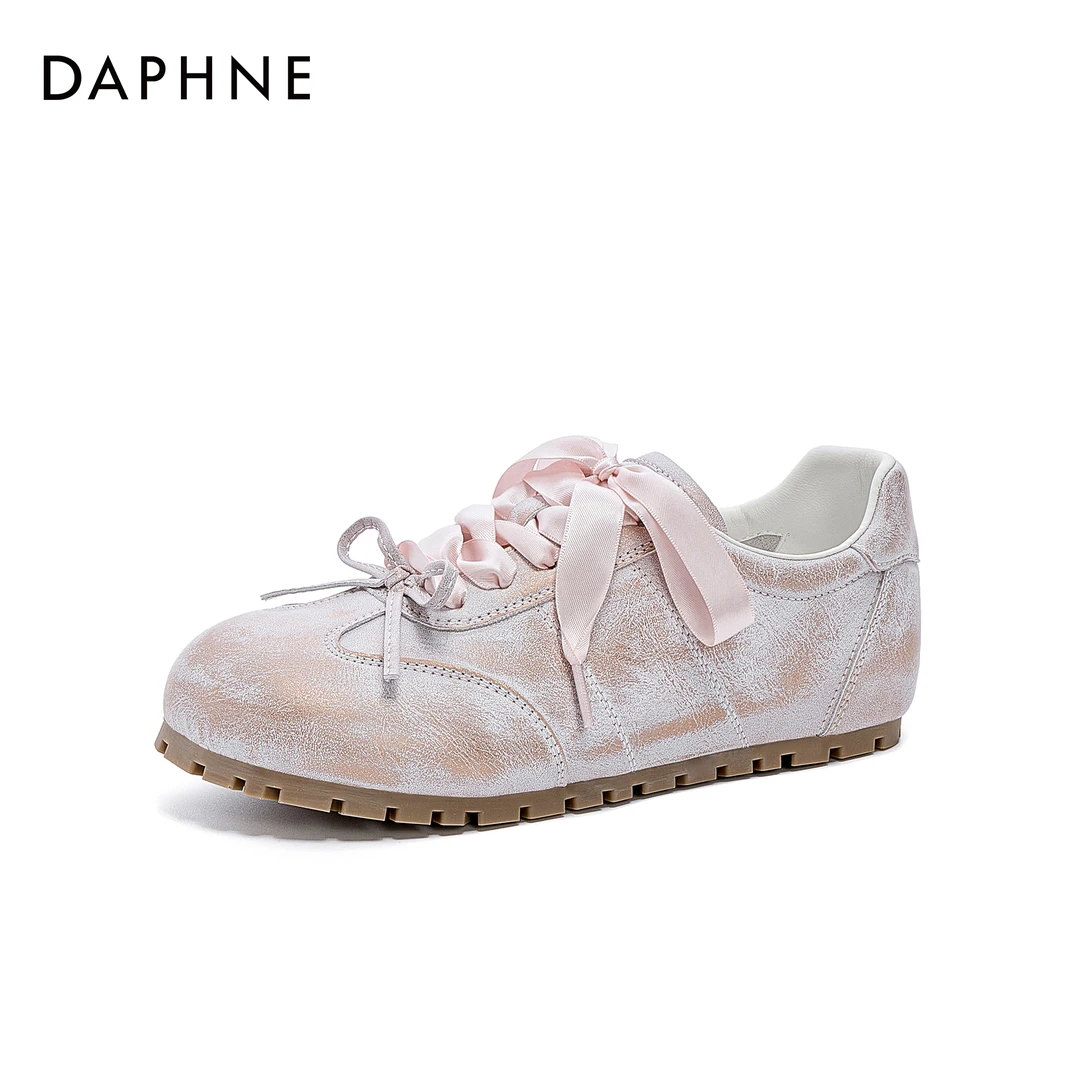 达芙妮2025年春季新款休闲时尚女鞋百搭双色系带平底简约德训鞋