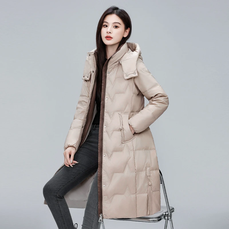 2025年冬季白鹅绒女士收腰显瘦休闲时尚加厚百搭中长款羽绒服女