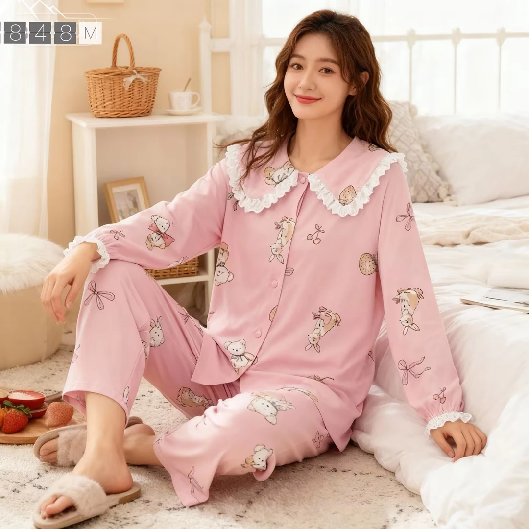 小胖【针织棉】微胖款宽松娃娃领柔软长袖长裤春秋季睡衣家居服套装