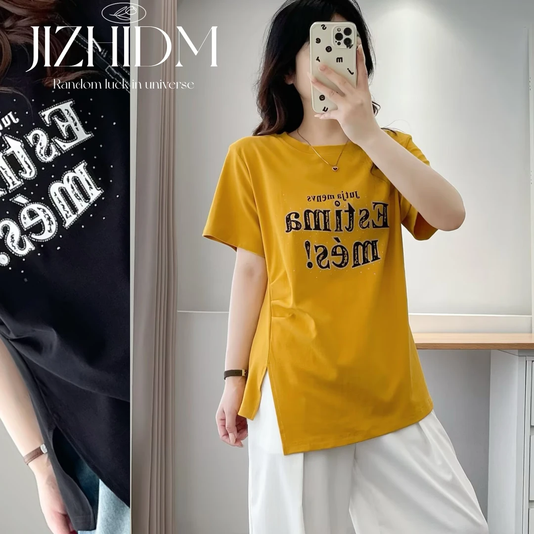 【100-200斤】夏季新款褶皱字母印花圆领短袖小衫女休闲百搭显瘦T恤