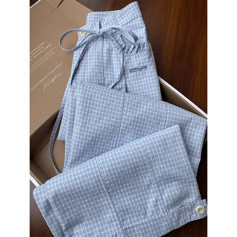 清爽蓝白格子蝴蝶结系带休闲裤女春夏季设计感小香风百搭阔腿裤子