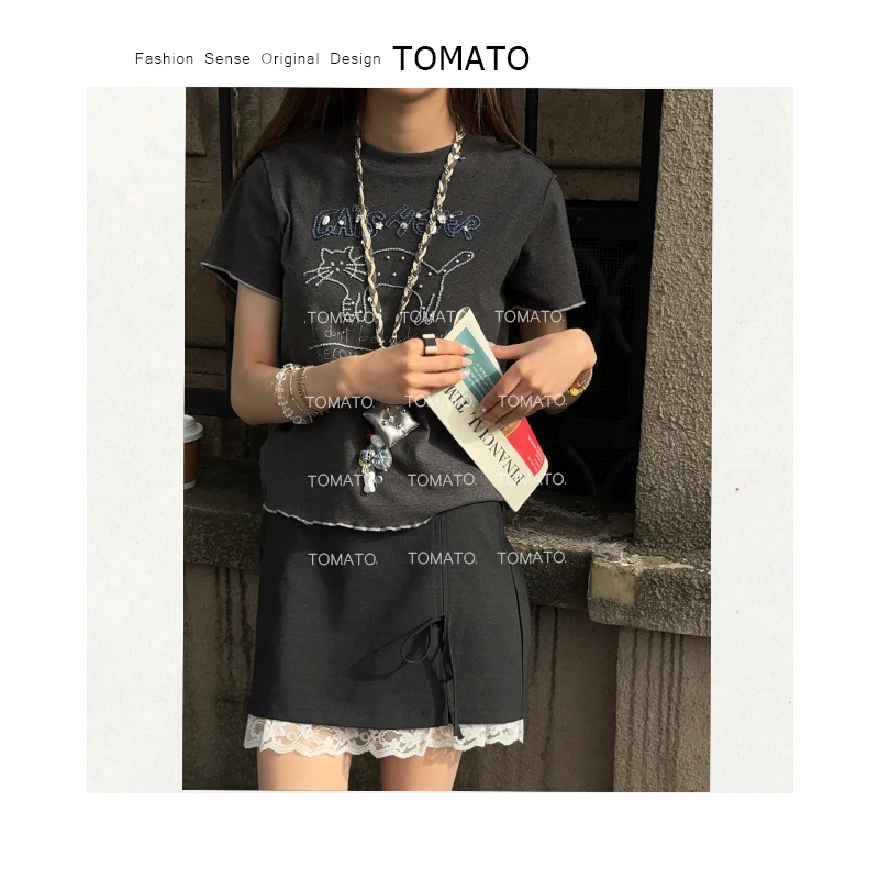 【TomaTo】海风 夏季提花猫咪贝壳装饰短款修身甜美短袖C25T050410