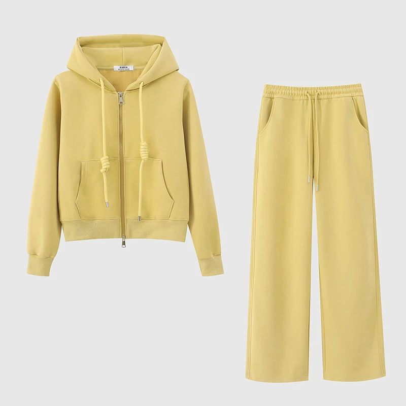 小个子时尚气质纯色套装女2025年春秋新款抽绳连帽外套长裤两件套