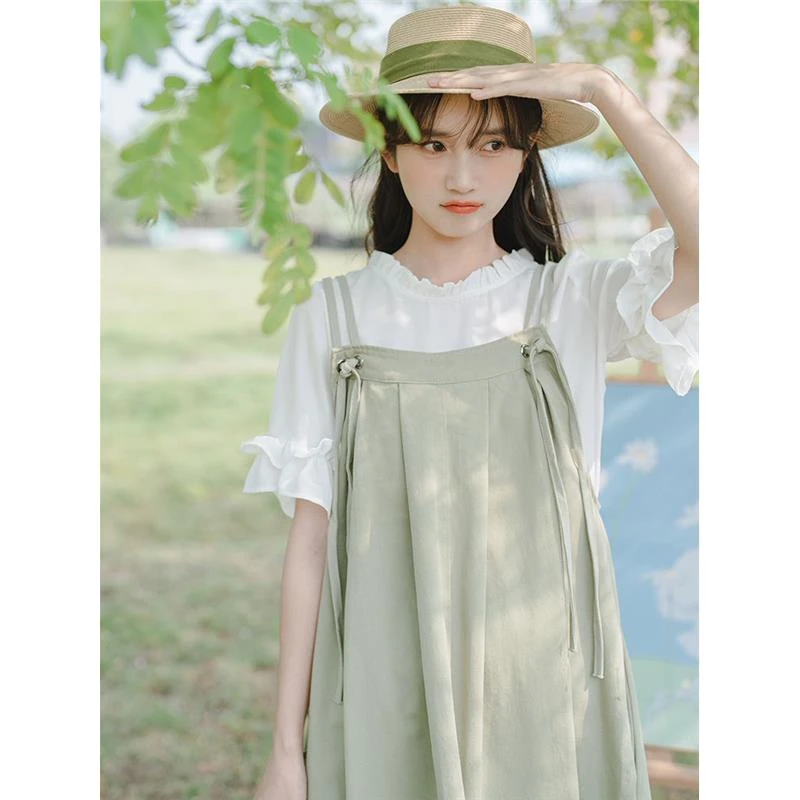 初中生女夏装学生少女甜美森宽松中长款两件套装小个子背带连衣裙