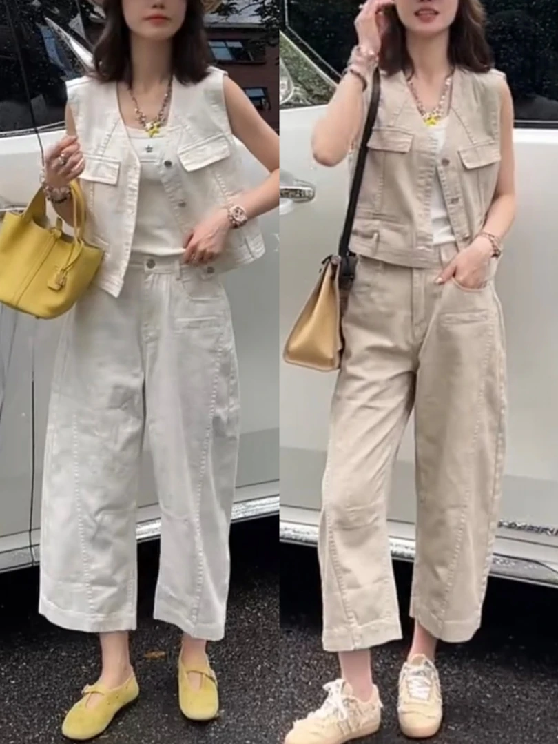 秋季新款时尚印花牛仔套装V领马甲外套九分阔腿牛仔裤显瘦穿搭