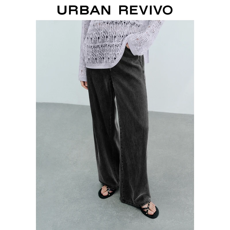 UR2025夏季新款女装复古水洗松紧腰抽绳牛仔长裤UWJ850040