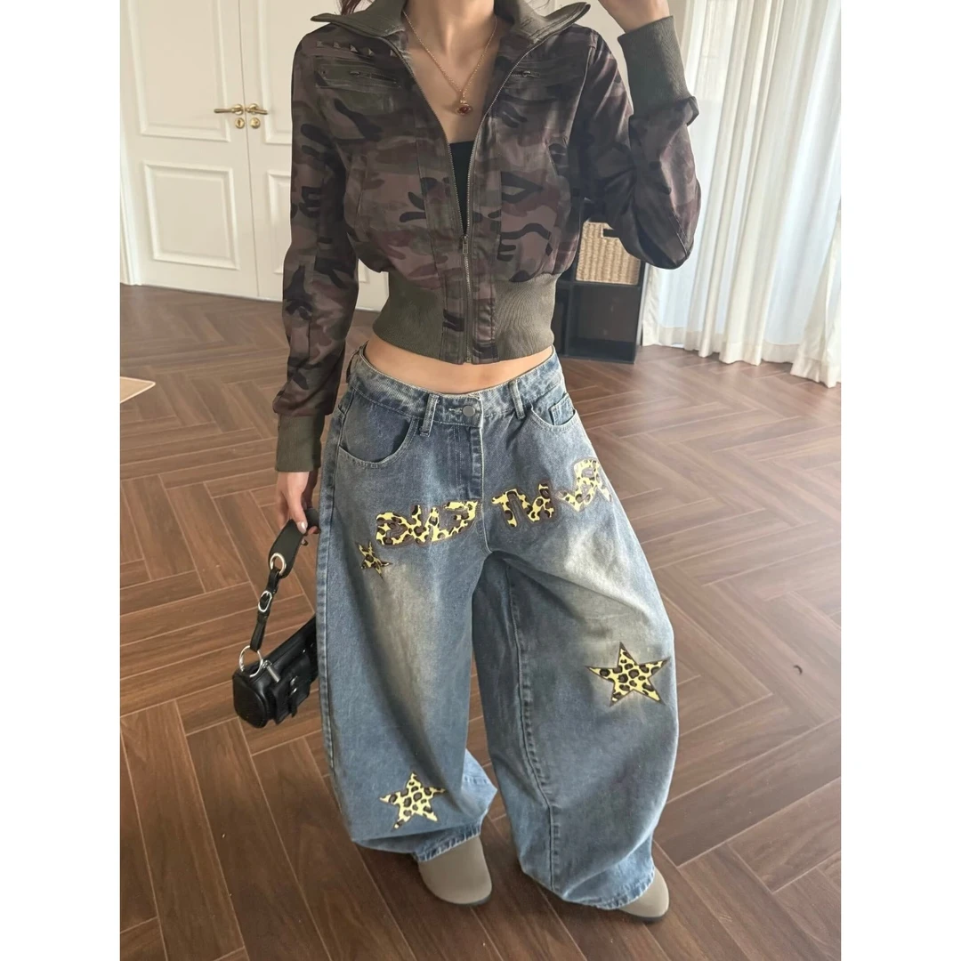 百搭美式高街阔腿豹纹牛仔裤2025年秋冬新款设计感直筒休闲裤子
