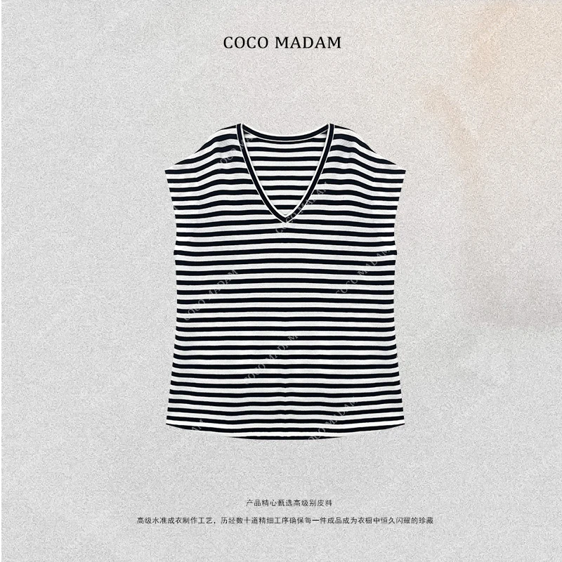NIUNIU ·T-828 夏季新品V领无袖条纹T恤上衣