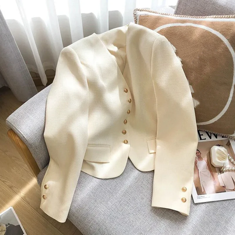 小香风短款西装外套女秋季新款简约气质v领米白色小个子西服