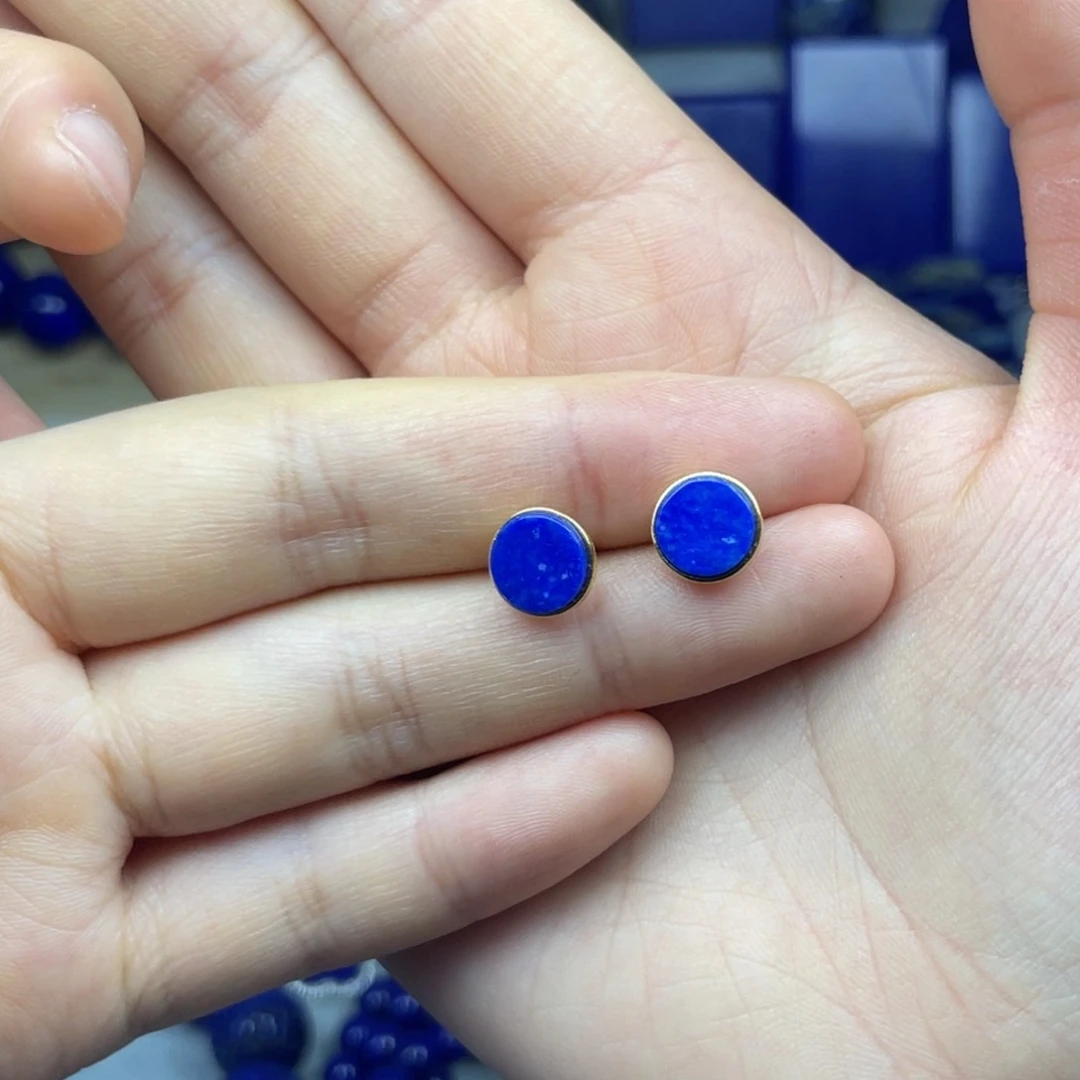 青金石银S925镶嵌耳钉9mm