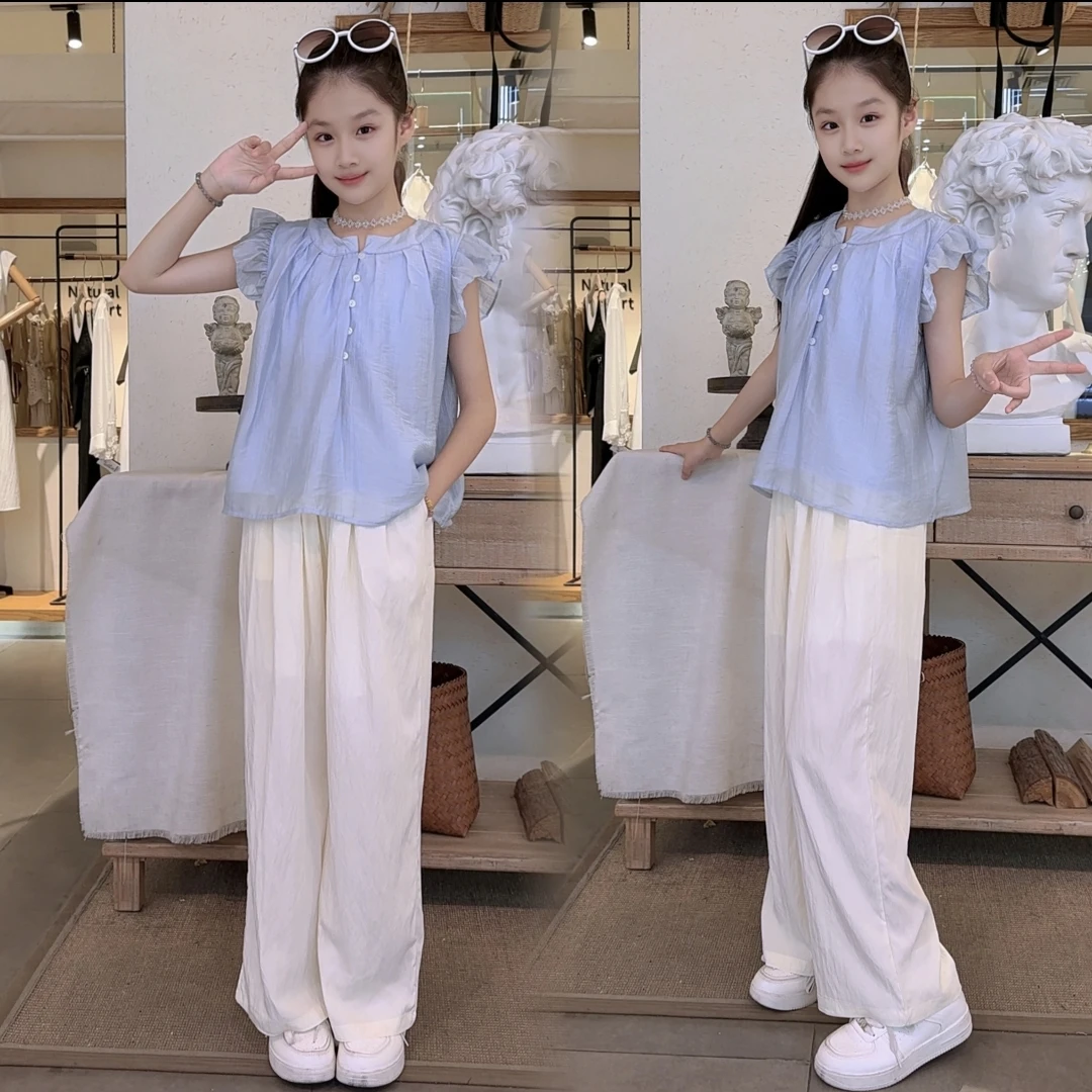 女童夏季甜美飞袖娃娃衫休闲裤套装2025新款女大童韩版薄款阔腿裤
