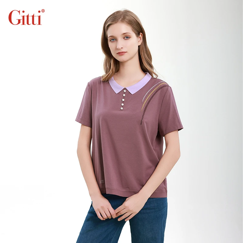 Gitti/吉蒂烫钻撞色优雅彩虹印花短袖女莫代尔宽松大码T恤G251699