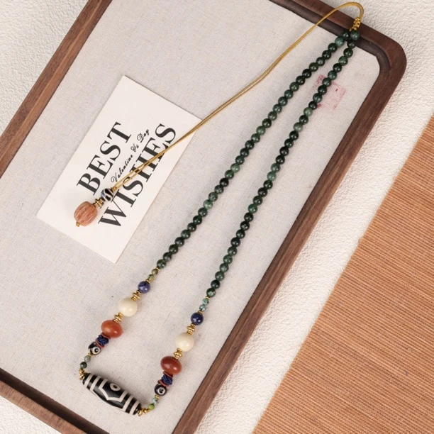 合金琉璃项链 LZ3473-1 三眼藏式珠珠椰子白绿色琉璃绳编项链