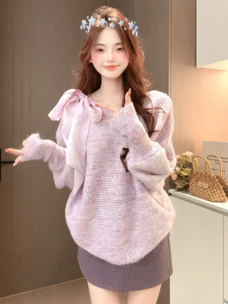 针织衫女2025早秋新款糖果色亮丝蝴蝶结系带露肩软糯宽松显瘦上衣