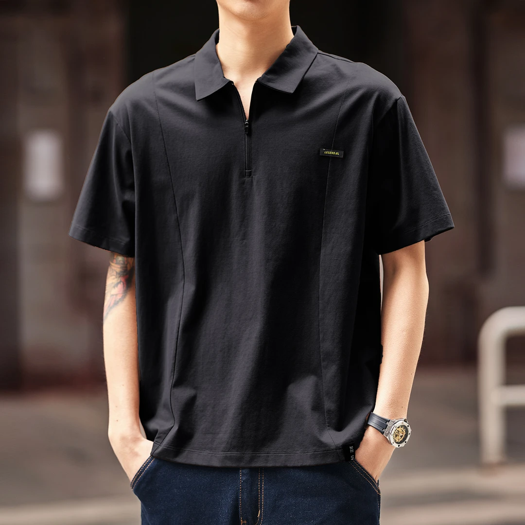 格蓝鹿高端黑色半拉链短袖Polo衫男夏季潮牌宽松休闲半袖体恤上衣