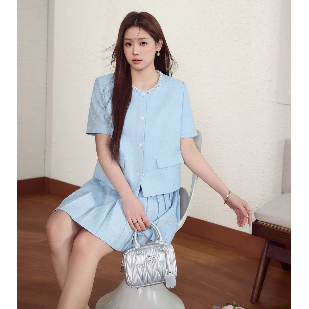 蓝语大码女装法式小香风短袖外套百褶半裙夏新款一整套穿搭01781