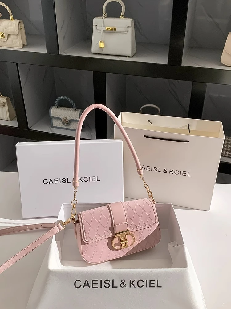 CAEISL&KCIEL女包粉色菱格高级感手提包女2025新款单肩斜挎腋下包