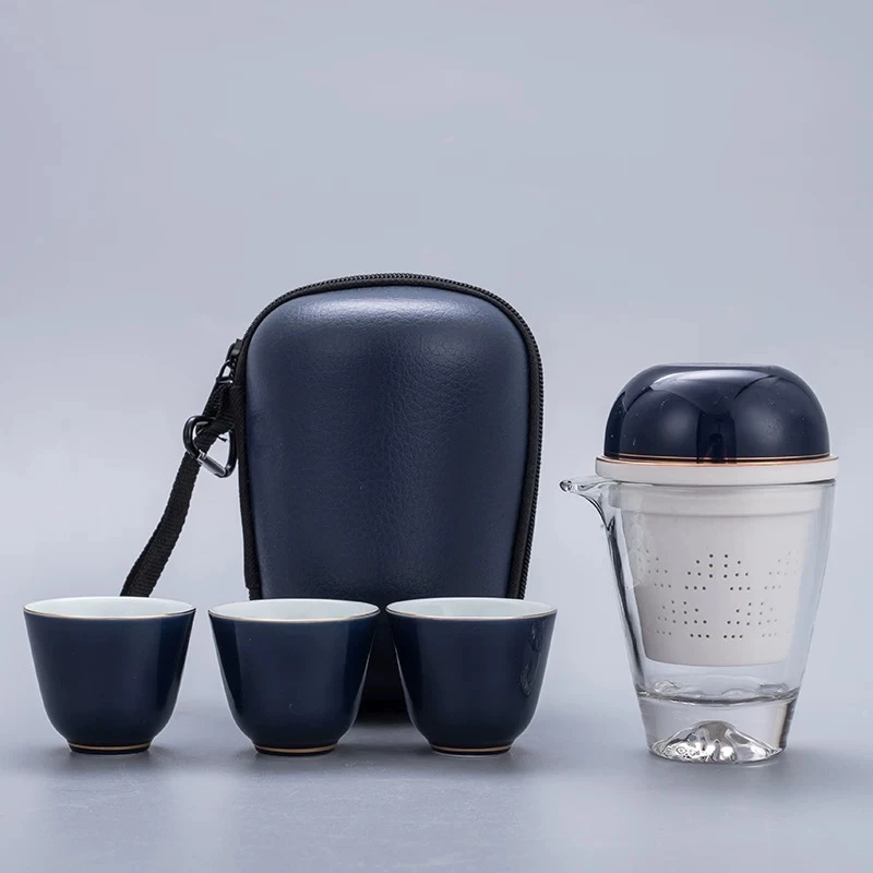 套装户外泡茶使用便携陶瓷内胆玻璃茶海快客杯同心杯一壶四杯送礼