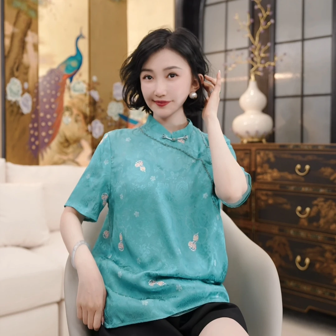 Betty Bairn【蓝葫芦】新中式桑蚕丝刺绣短袖上衣25B-BW10095