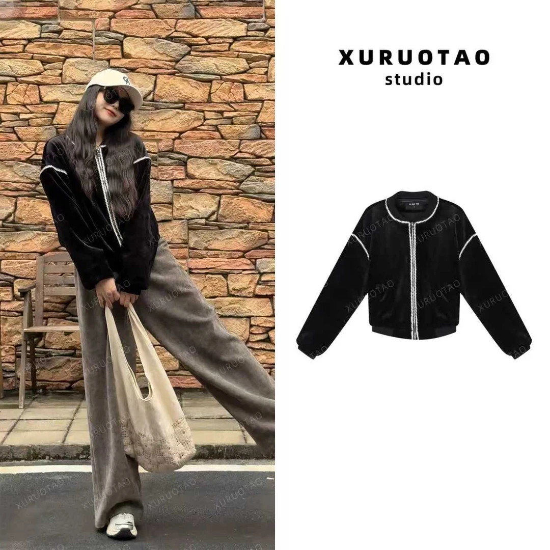 XURUOTAO【奥利奥】丝绒设计感秋冬季显瘦百搭黑色长袖外套 T6042