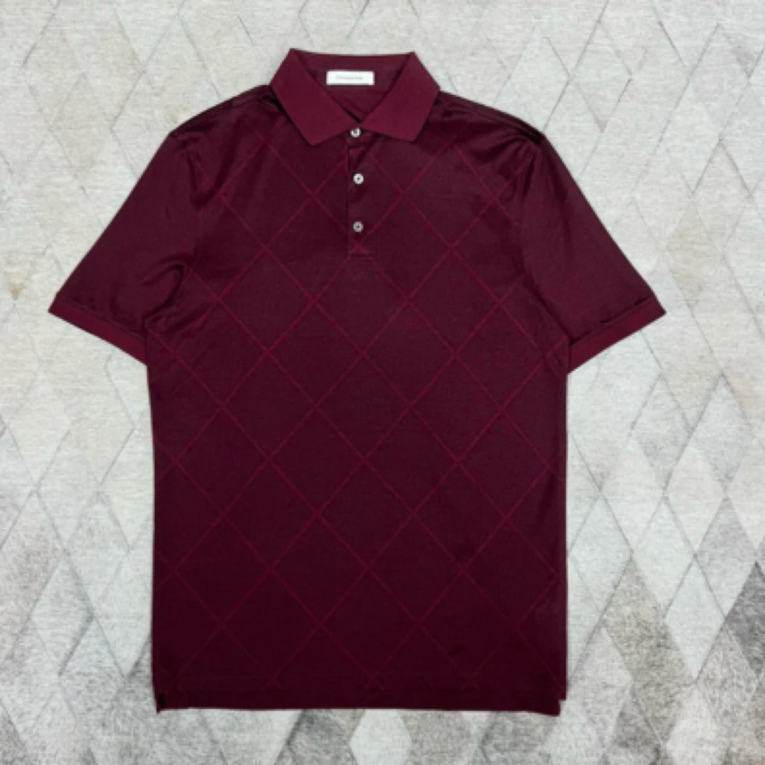 全新未使用 ZEGNA 129678 主线 酒红色海岛棉POLO衫