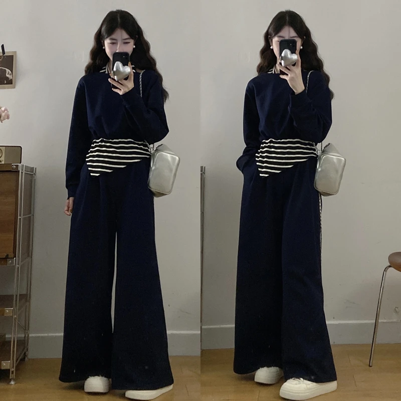 大码胖mm女装韩版时尚早秋装假两件卫衣阔腿裤两件套套装女