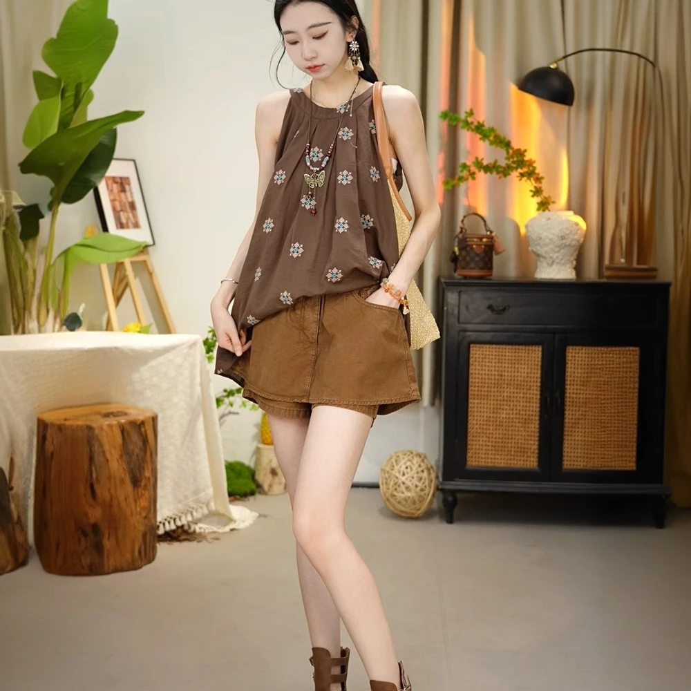 时髦假两件设计休闲牛仔短裤女夏季2025年老钱风高腰显瘦拼接裤子