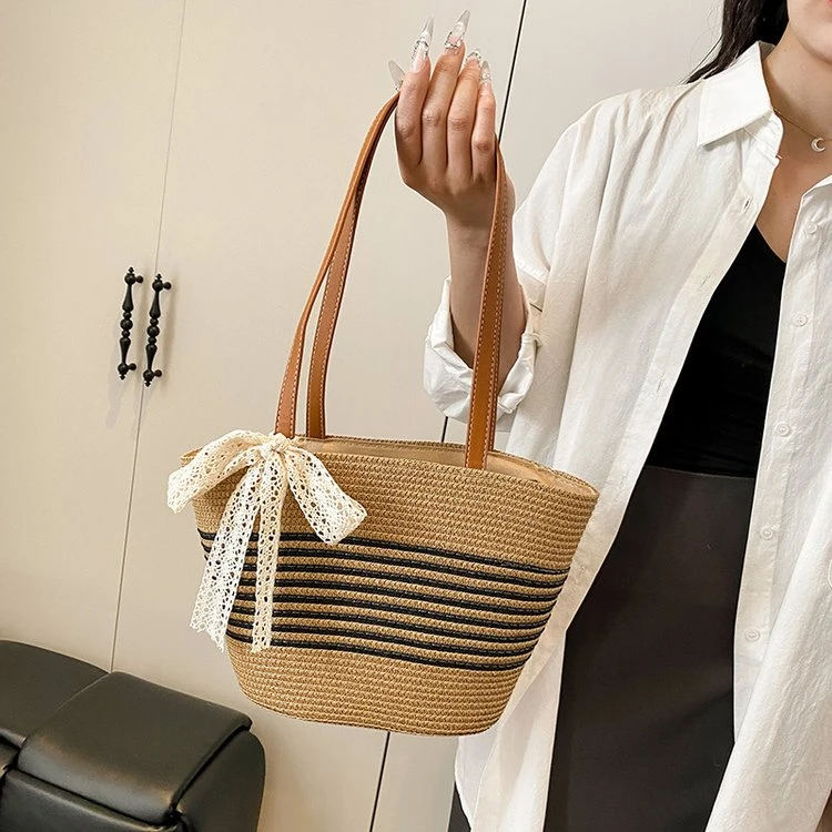编织草编包2025夏季新款通勤大容量条纹单肩百搭时尚沙滩包包女士