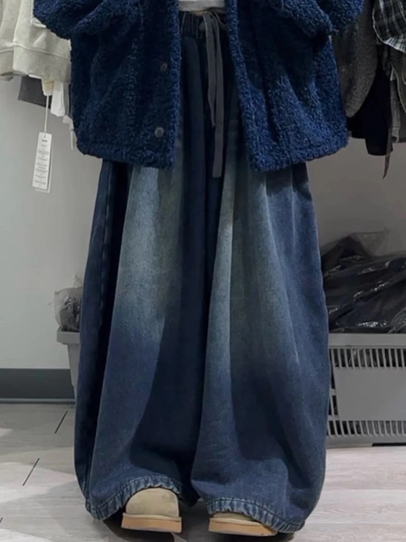“大个子款”冬季加绒加厚日系复古水洗做旧弯刀牛仔裤休闲裤女