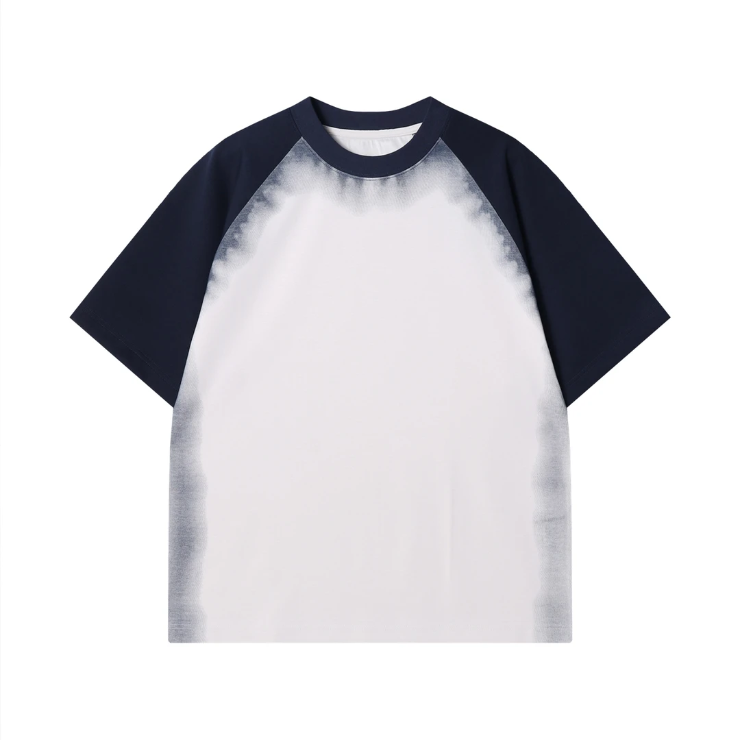 夏季高级感新款韩版扎染撞色拼接圆领短袖T恤休闲时尚百搭上衣