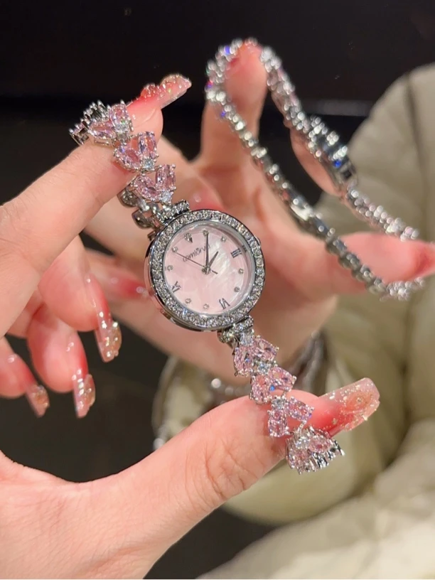 猫猫·冰透公主·粉色贝母高颜值小众石英防水时尚腕表气质人鱼表链