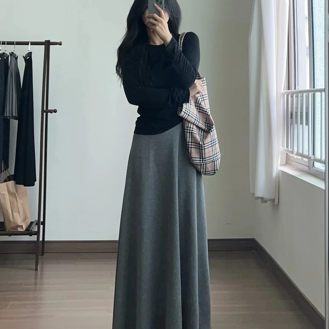 加绒加厚秋冬A字黑色半身裙爆款伞裙新款显瘦垂感百搭长裙子