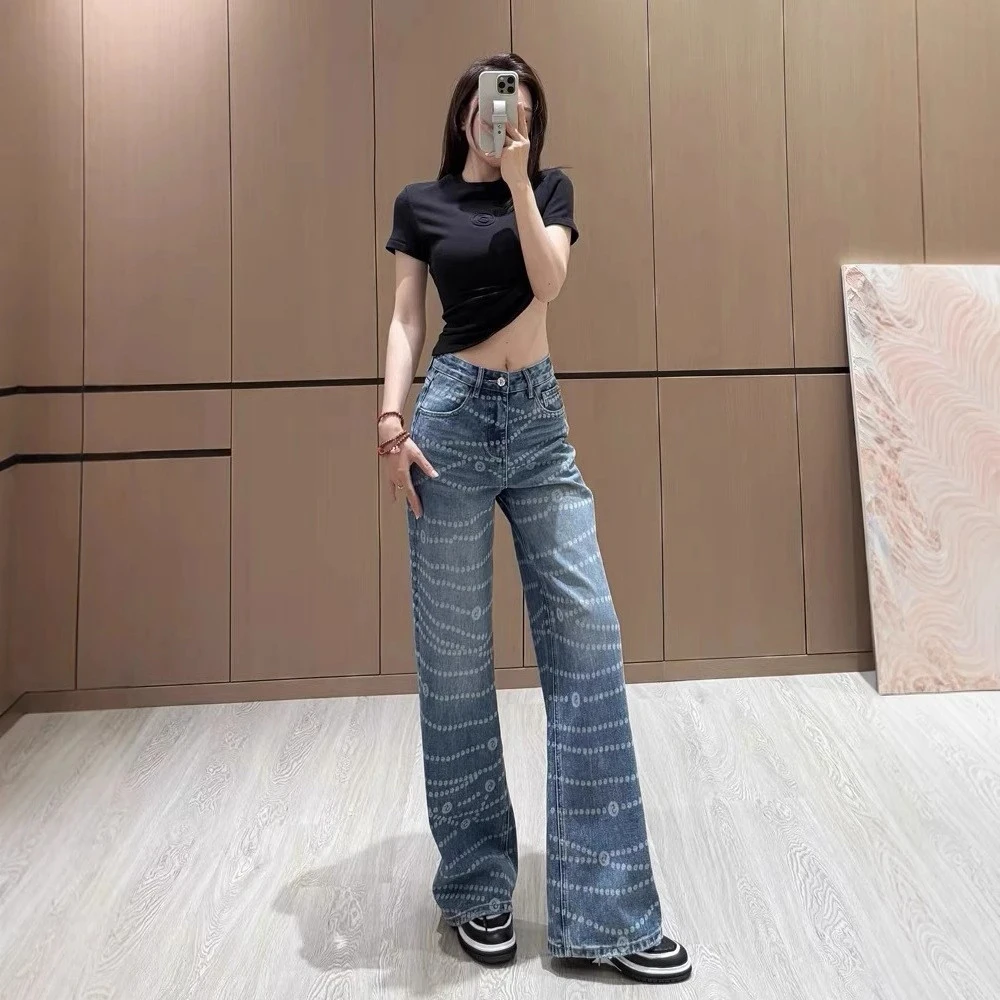 2025年新款欧洲站设计感波点数码激光印花高腰百搭显瘦直筒牛仔裤