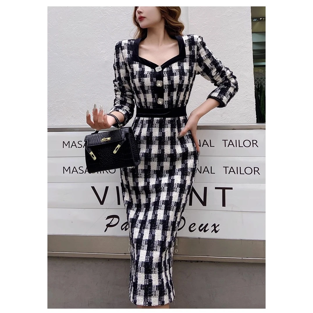 法式典雅黑白格修身连衣裙名媛包臀裙新款DA1ADR040