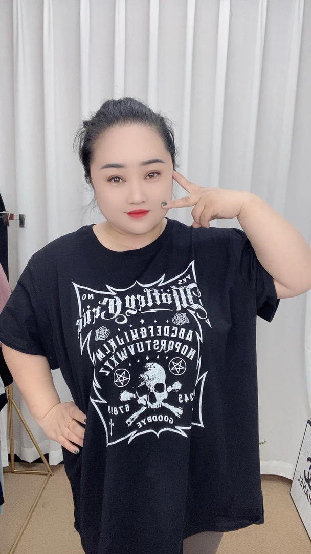 外贸纯棉大码T恤英文字母骷髅黑色