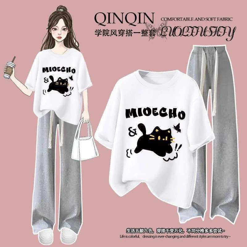 初中生女夏季2025新款学生阔腿裤套装宽松韩版短袖T恤洋气两件套