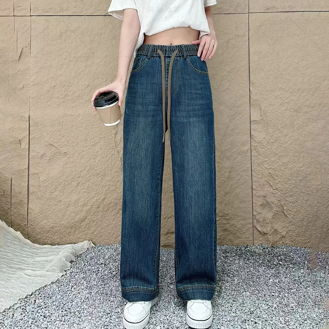 [萍姐推荐]2025女士夏款松紧腰窄版时尚百搭深色直筒系带牛仔裤