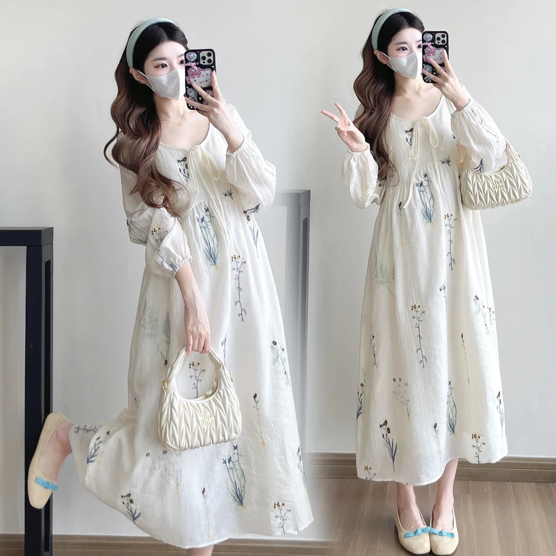 孕妇连衣裙春秋高级感2025新款长袖系带甜美宽松显瘦气质仙女裙子