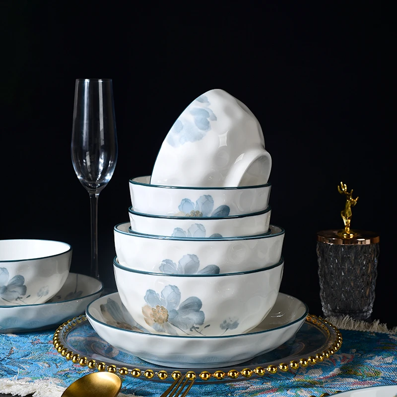 兰心雅韵6英寸4个装碗手捏纹陶瓷面碗加厚面碗家用釉下彩碗盘餐具