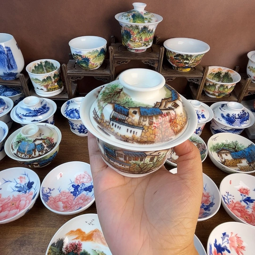 忠意堂釉下彩五彩江南盖碗